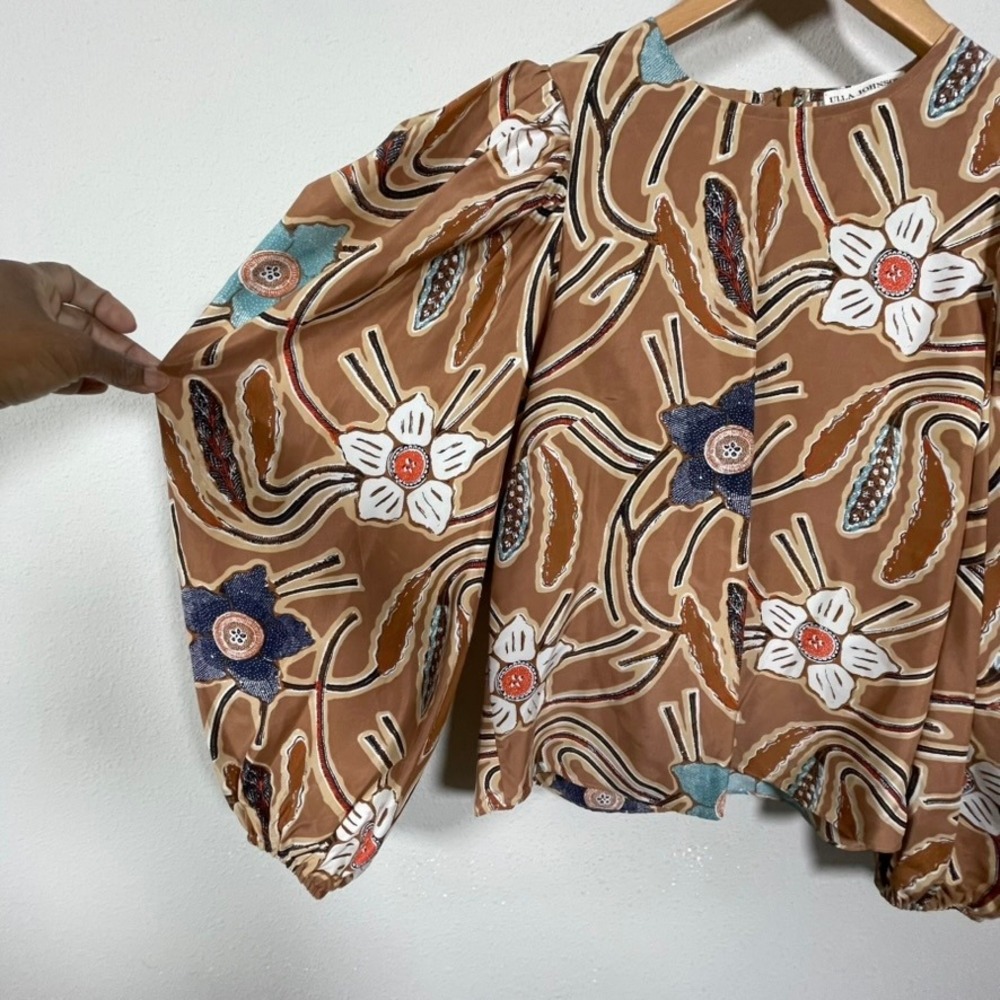 Ulla Johnson Silk Blouse 4 Brown Floral Puff Sleeve Boho Cottagecore Batik Top - Picture 3 of 9